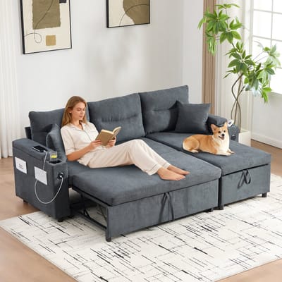 Slaapbank - 3-zits - Linnen Sofa met USB-C - Hydraulische Chaiselongue en Ladebed - Linnen - Grijs