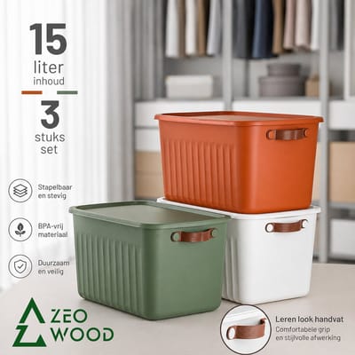 Zeo Wood® - Opbergbox met Deksel - Opbergdozen met Deksel - Opbergmand met Deksel - Set van 3 - 15L - Multicolour