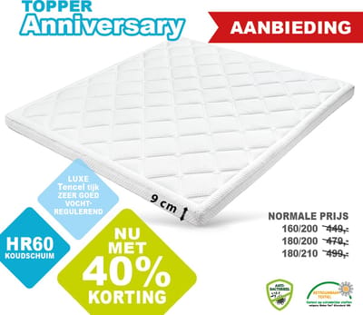 Topdekmatras/Topper Anniversery 180 x 210 Luxe Tencel Tijk 9 cm dik