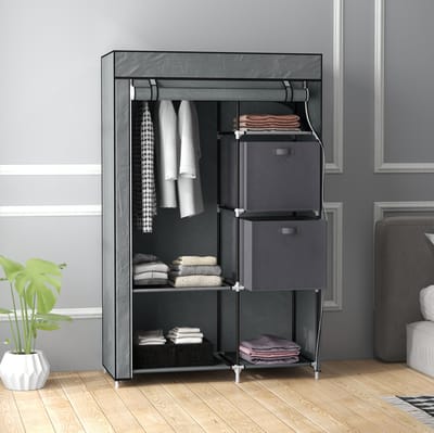 MEUNIQ opvouwbare stoffenkledingkast 102 x 42,5 x 162,5 cm met kledingstang, 6 legplanken en 2 opberglades, ritsdeur voor slaapkamer of logeerkamer, donkergrijs