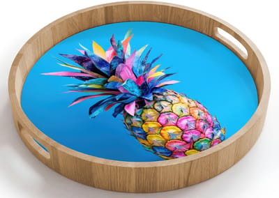 Dienblad rond 40x40 cm - Schootdienblad hout - Ananas - Blauw - Tropisch - Vrolijk - Borrelplank rechthoek - Plateau houten dienbladen