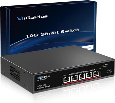 5-Port 10Gb Ethernet Switch Unmanaged met 5 x 10G RJ45 Ports, GiGaPlus 10Gbe Network Switch Eenvoudig voor 10G NAS, PC, WiFi7 Routers, 10G NIC/Adapters. 100Gbps schakelcapaciteit. Desktop of 19-inch r
