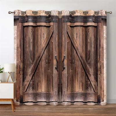 3D Realistische Houten Deur Stenen Deur Bedrukte Gordijn voor Slaapkamer Woonkamer Plafondhoge Raam Keuken Jaloezieën cortinas 2 stuks (W85H200cm)-2pcs&Grommet Top