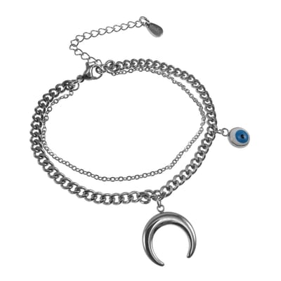Gelaagde Armband Dames - Gepolijst RVS - Dubbele Armband met Halve Maan en Turks Oog – Verstelbaar 15cm tot 19cm