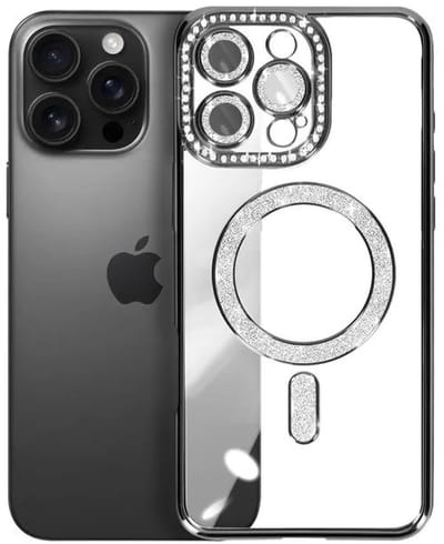 Hoesje met Diamantjes en Glitter Geschikt voor: iPhone 16 Pro - MagSafe Glitter Hoesje - Zwart met Diamanten steentjes - Glamour Hoesje