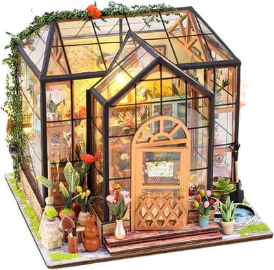Tiny House - Bouwset model broeikas met meubels en lijm gereedschap | Handgemaakt creatief project van hout, handwerk voor woondecoratie