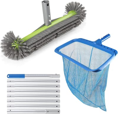 3-delige Set voor Zwembadreiniging met Grondschepnet, Ronde Borstel en Telescopische Steel voor Vinyl en Fiberglass Zwembaden, Inclusief Accessoires voor Badkamers