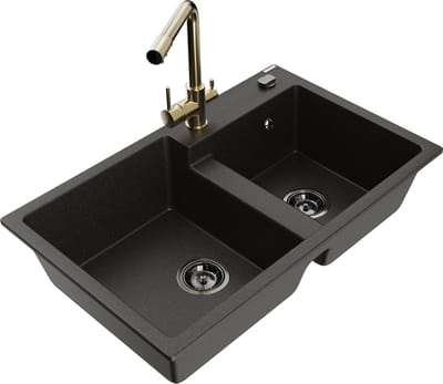 Mexen Tomas granieten gootsteen 2-komoren met keukenkraan Duero, zwart/gouden metallic - 6516-75-671600-50-B