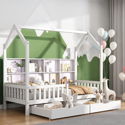 Huisbed - 90x200 cm - Met Boekenkast en Laden - Frame met Schoorsteenvorm - Hout - Wit