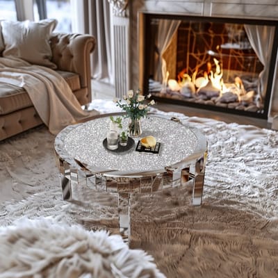 Artloge Salontafel - Ronde Spiegeltafel met Kristal Diamanten - Zilver - 80x80cm
