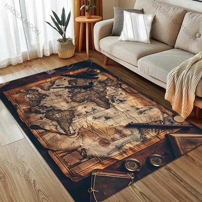 Tapis Imprimé Carte du Monde Nautique Vintage HD 3D Tapis Doux Antidérapant Tapis de Sol Intérieur Décoratif Lavable pour Adolescents Adultes Cadeaux 60*90cm