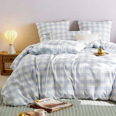 Dubbel Mousseline Beddengoed - Katoenen Dekbedset - Comfortabel Slapen - Natuurlijke Linnenlook - 135 x 200 cm - Blauw Geruit