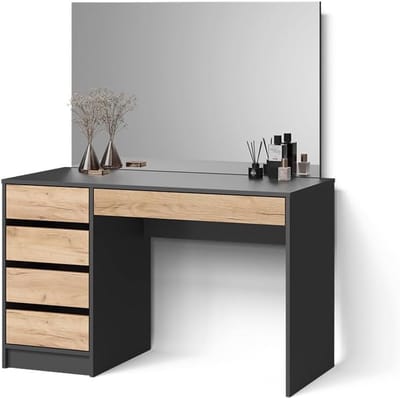 Toilettafel Imola - Kaptafel Lade - Make-up Opbergen - Grote Spiegel - 120 cm - Antraciet Goud