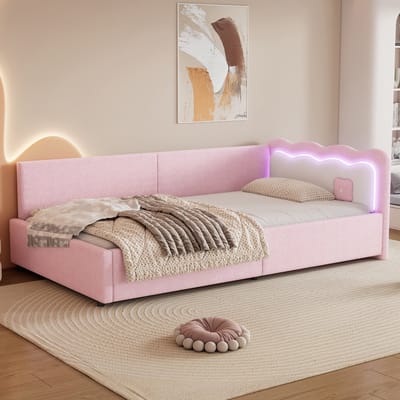 Gutent Slaapbank, Roze (zonder matras), 90*200 cm, LED-ambianceverlichting met afstandsbediening, bed met lattenbodem, imitatiewol