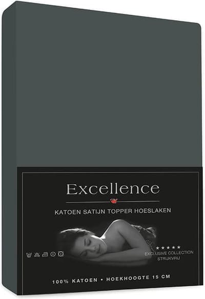 Excellence Katoen Satijn Topper Hoeslaken 90x200cm + 15cm - Antraciet