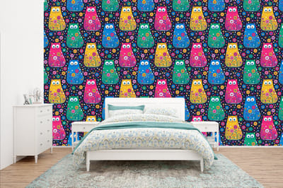 Behang - Fotobehang Kat - Regenboog - Bloemen - Breedte 400 cm x hoogte 240 cm