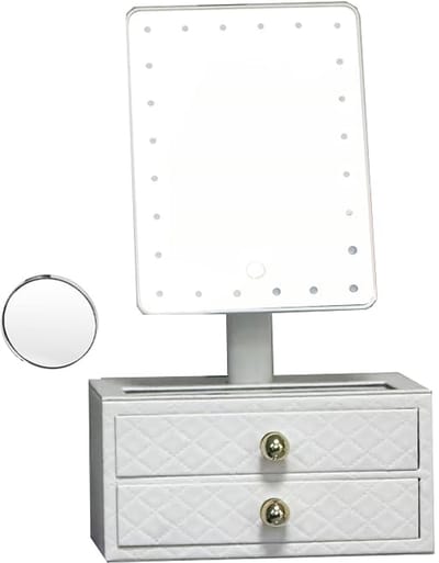 Verlichte 2-in-1 Make-upspiegel met Sieradenorganizer, Dimbaar 6000K Koel Wit Licht, 10x Vergrotingsspiegel en 2-laags Laden, Wit