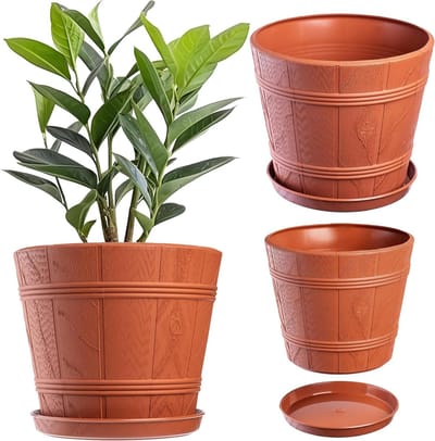 Bloempot bloembak met onderschotel voor binnen en buiten - houtlook - weerbestendige sierpot van kunststof voor bloemen - Ø 17 cm - terracotta