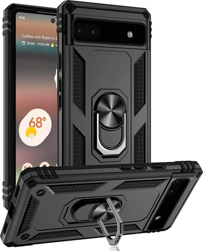 Casemania Hoesje Geschikt voor Google Pixel 6A Zwart - Anti-Shock Hybrid Armor Back Cover - Hoes met Kickstand Ring