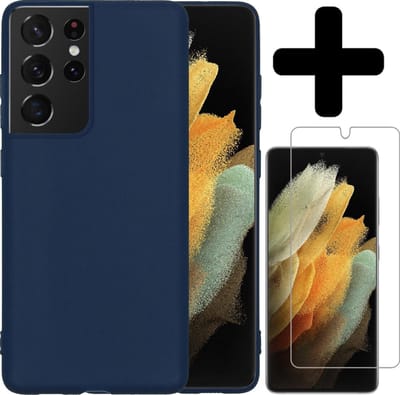 Hoesje - Met Screenprotector - Geschikt voor Samsung Galaxy S21 Ultra - Sterk & Shockproof - Back Cover - Siliconen Case - Telefoon Hoes - Telefoonhoesjes - Donkerblauw