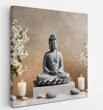 Saammp Canvas Schilderij - Boeddha met kaarsen en bloemen - 20x20 - Foto op canvas - Wanddecoratie - Muurdecoratie Woonkamer - Canvas schilderijen