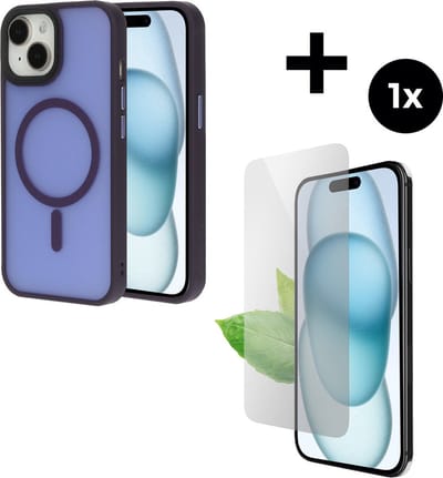 Mobiparts Hardcover MagSafe hoesje geschikt voor Apple iPhone 15 - MagSafe - met 1 Screenprotector van Gerecycled Gehard Glas - Paars