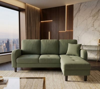 L-Shape Modulair Hoekbank Sofa met Chaiselongue – 3-Zits Comfortabel Zithoek Meubel, Ademend Katoen-Linnen, Robuuste Kunststof Poten – Perfect voor Woonkamer, Appartement of Home Office – Groen | C...