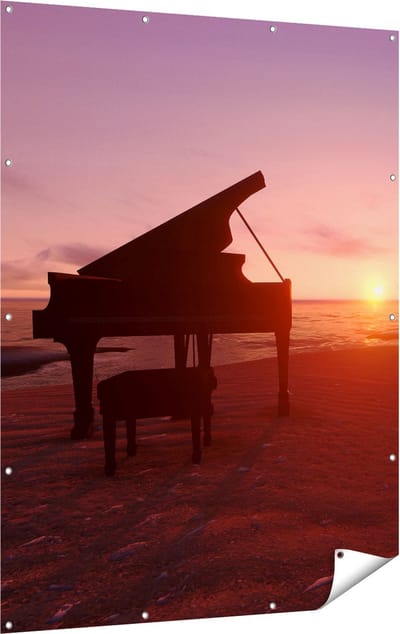 Gards Tuinposter Piano op het Strand bij Zonsondergang - 120x160 cm - Tuindoek - Tuindecoratie - Wanddecoratie buiten - Tuinschilderij