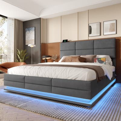 Wishdor Fluwelen Bedframe 140x200 cm – Verstelbaar Hoofdbord – Dimbare LED – USB/Type-C – Hydraulische Opbergruimte – Donkergrijs