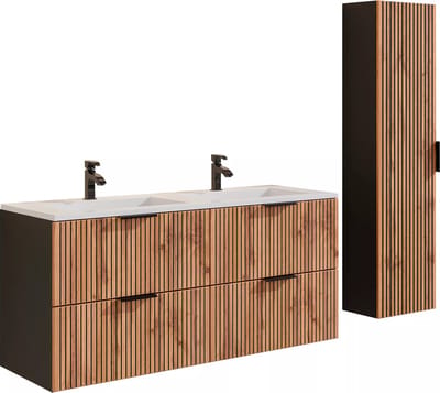 Vente-unique Geribbeld badkamermeubel met inbouwwastafel en kolomkast - Licht naturel en zwart - 120 cm - MADELA