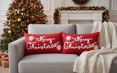 Urbane Hide | Set van 2 Kerst Kussenhoezen | Kussenhoes | Kussenhoesjes | Christmas | Geborduurd | Vrolijk Kerstfeest | 30x50 cm | Katoen | Rood/Wit | Zonder binnenkussen