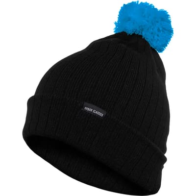 Urban Classics - Contrast Bobble Beanie blk/tur one size Pompom Beanie muts - Zwart/Blauw