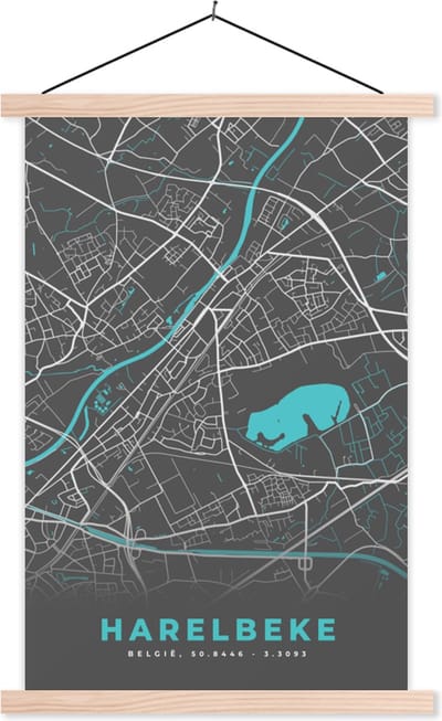 Posterhanger incl. Poster 40x60 cm - Schoolplaat - België – Harelbeke – Stadskaart – Kaart – Blauw – Plattegrond - Textielposter - Blanke latten - Stadskaart