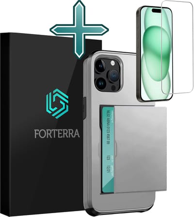 Hoesje Geschikt voor iPhone 15 Pro Pashouder Hard Case Hoes Met Screenprotector - Hoes Geschikt voor iPhone 15 Pro Hoesje Back Cover Met Pasjeshouder - Grijs