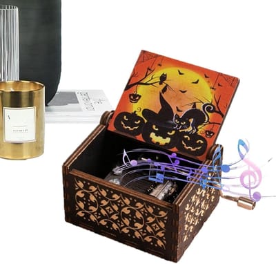 Halloween Muziekdoos - Houten Speeldoos - Feestelijke Decoratie - Handslinger Bediening - 9.6 x 6 x 5.2 cm - Houtkleur