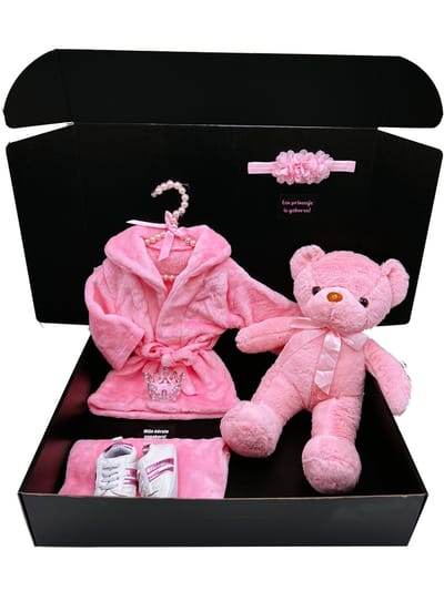 Groot kraamcadeau meisje - teddybeer 40 cm - babybadjas - 2 maten - babysneakers - kan ook rechtstreeks als cadeau worden verstuurd