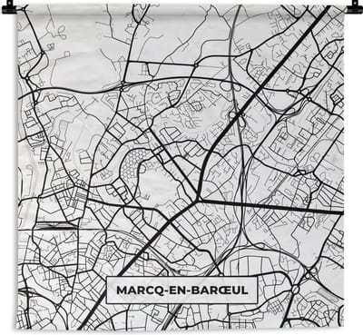 Wandkleed - Wanddoek - Stadskaart - Plattegrond - Kaart - Marcq-en-Barœul - Frankrijk - Zwart wit - 180x180 cm - Wandtapijt