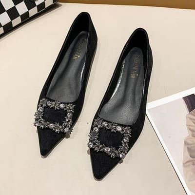 Dames Flats Puntige Neus Bootschoenen Knop Kristal Instappers Platte Schoenen Faux Suède Comfortabele Damesschoenen Zapatos Mujer 36 zwart
