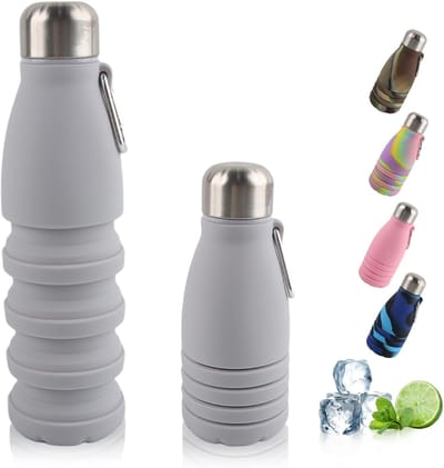 Opvouwbare drinkbeker, 550 ml sportbeker, draagbaar, waterdicht en spillvrij, ideaal voor reizen, sport en buitenactiviteiten (grijs)