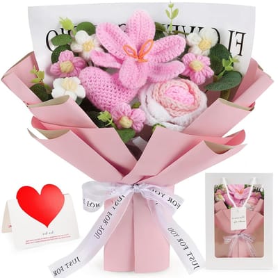 Gehaakt bloemenboeket - Kunstbloemen cadeau - Woondecoratie opfleuren - Handgemaakt met garen - 1 tulp 1 roos - Roze