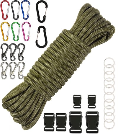 30 meters Paracord Compleet Pakket - Militair Groen- Parachute Koord/Touw 4mm Parakoord 550 met Karabijnhaken, Naalden set, Bedels, Klikgespen - Knutselen Set voor Volwassen, Kinderen, Meisjes - Armbandjes, Lanyard, Sleutelhanger, Maken Knutselpakket