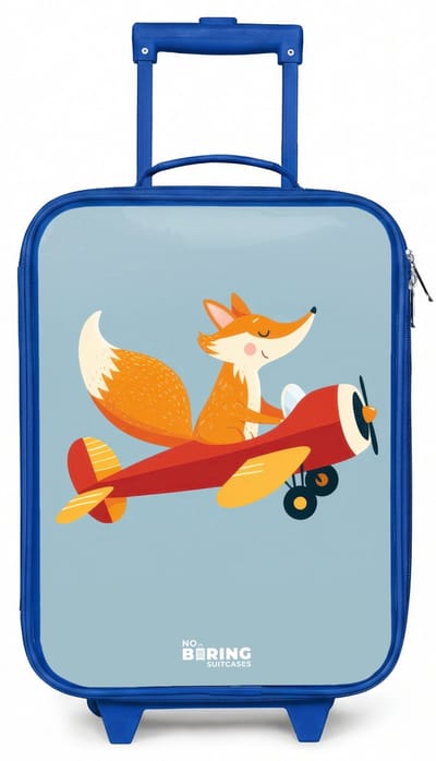 NoBoringSuitcases.com® - Kinderkoffer blauw - Kindertrolley jongen - Vos - Vliegtuig - Vliegen - Koffer kind lichtgewicht - Reiskoffer trolley voor kinderen - Koffertje met lichtgevende wieltjes - Rolkoffer
