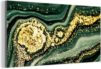 Wanddecoratie Metaal - Aluminium Schilderij Industrieel - Marmer - Goud - Glitter - Groen - Marmerlook - Luxe - 160x80 cm - Dibond - Foto op aluminium - Industriële muurdecoratie - Voor de woonkamer/slaapkamer