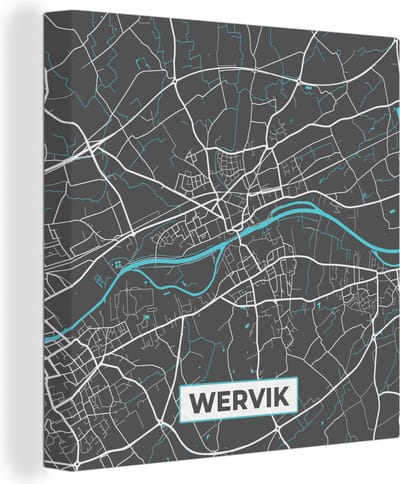 Canvas Schilderij Plattegrond – Wervik – Blauw – Stadskaart - Kaart - 20x20 cm - Wanddecoratie