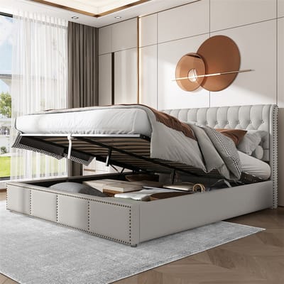 YEHTOKHOME Katoen linnen gestoffeerd bed 160 x 200 cm, Tweepersoonsbed met opbergruimte, hydraulische functie, klinknagels decoratie, lichtgrijs (zonder matras)