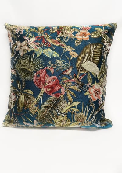 Kussenhoes - luxe gobelinstof - Amy Dark Blue - Gekleurde bloemen en kolibries op donkerblauwe achtergrond