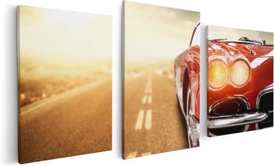 Artaza Canvas Schilderij Drieluik Oude Rode Auto - Retro - 120x60 - Foto Op Canvas - Canvas Print