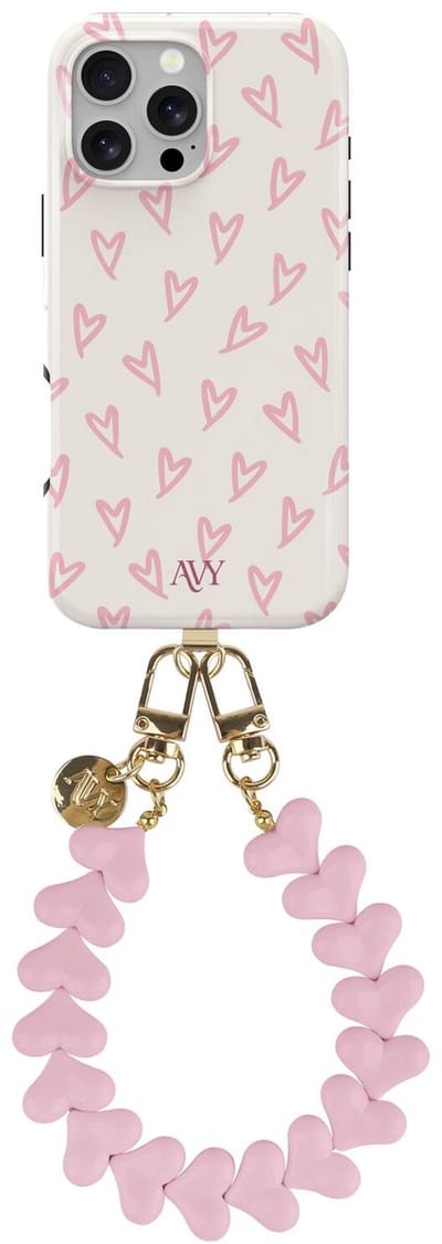 AVY Hoesje Met Telefoonkoord | Geschikt voor Apple iPhone 15 Pro | Compatibel met MagSafe | Hard Shell Back Cover | Stijlvol Bijpassend Koord 30CM | Cupid Hearts | Roze