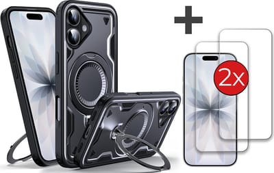 Hoesje Geschikt voor iPhone 17 met 2 Stuks gehard glas Screenprotector - Armor hoes met Ringhouder - Arara backcover - Zwart