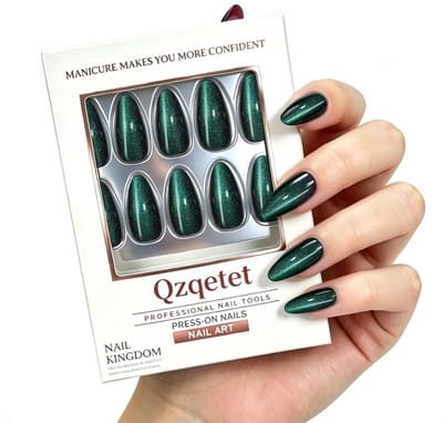 Dailygoods- Kunstnagels herbruikbaar - Donkergroen cat-eye chroom design - 32 stuks in 16 maten - Amandelvormige nagels - Luxe glans - Professionele afwerking - Nepnagels